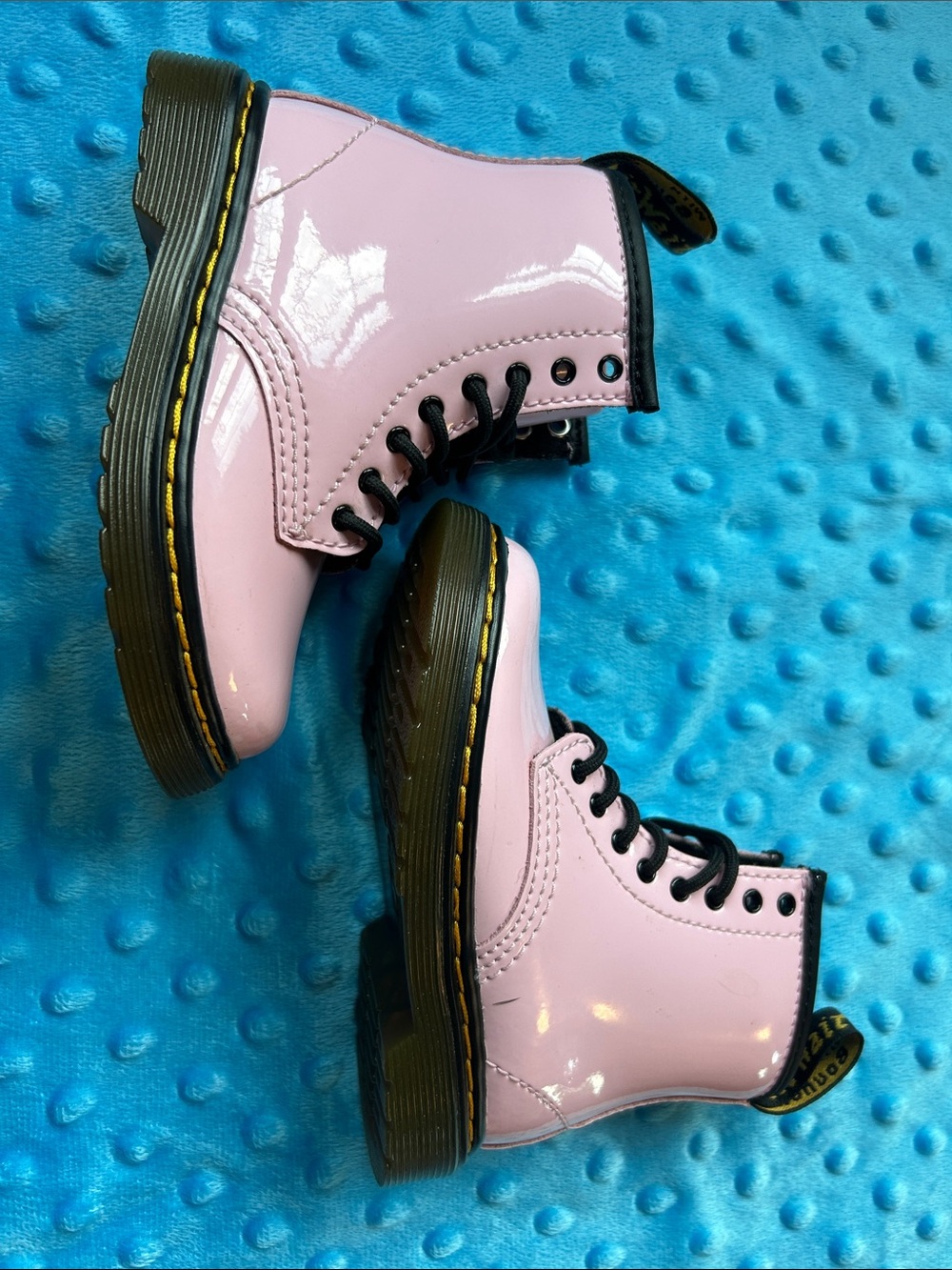 Dr. Martens Pink Patent Lace-Up Kids Boots with Black Trim
